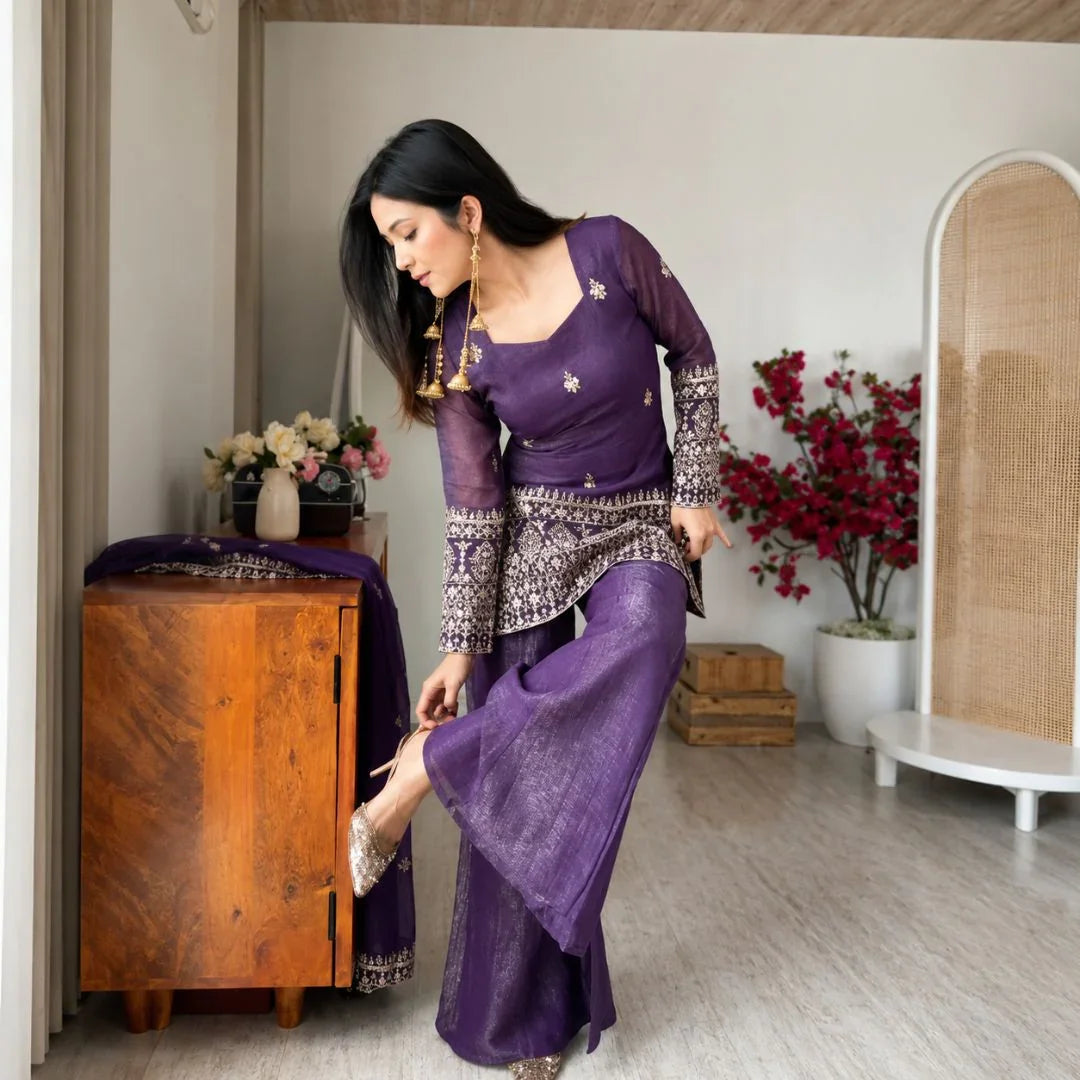 Premium Crunchy Silk Embroidered Kurta & Bell-Bottom Pant Set