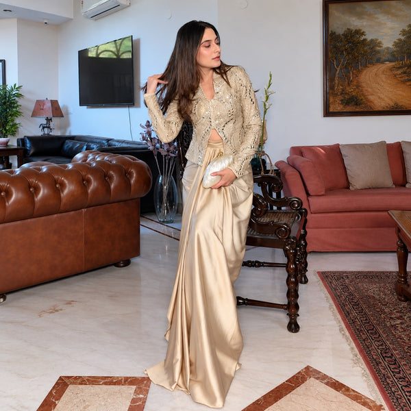 Malai Satin Zari Blend Mirror & Sequin Embroidered Indo-Western Jacket Co-ord Set