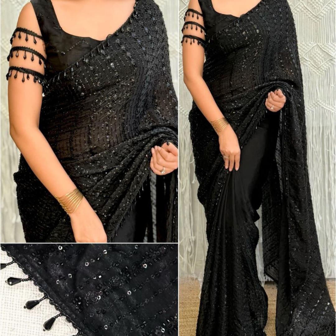 "Dream Girl" Bold Black Satin Beads & Sequins Saree