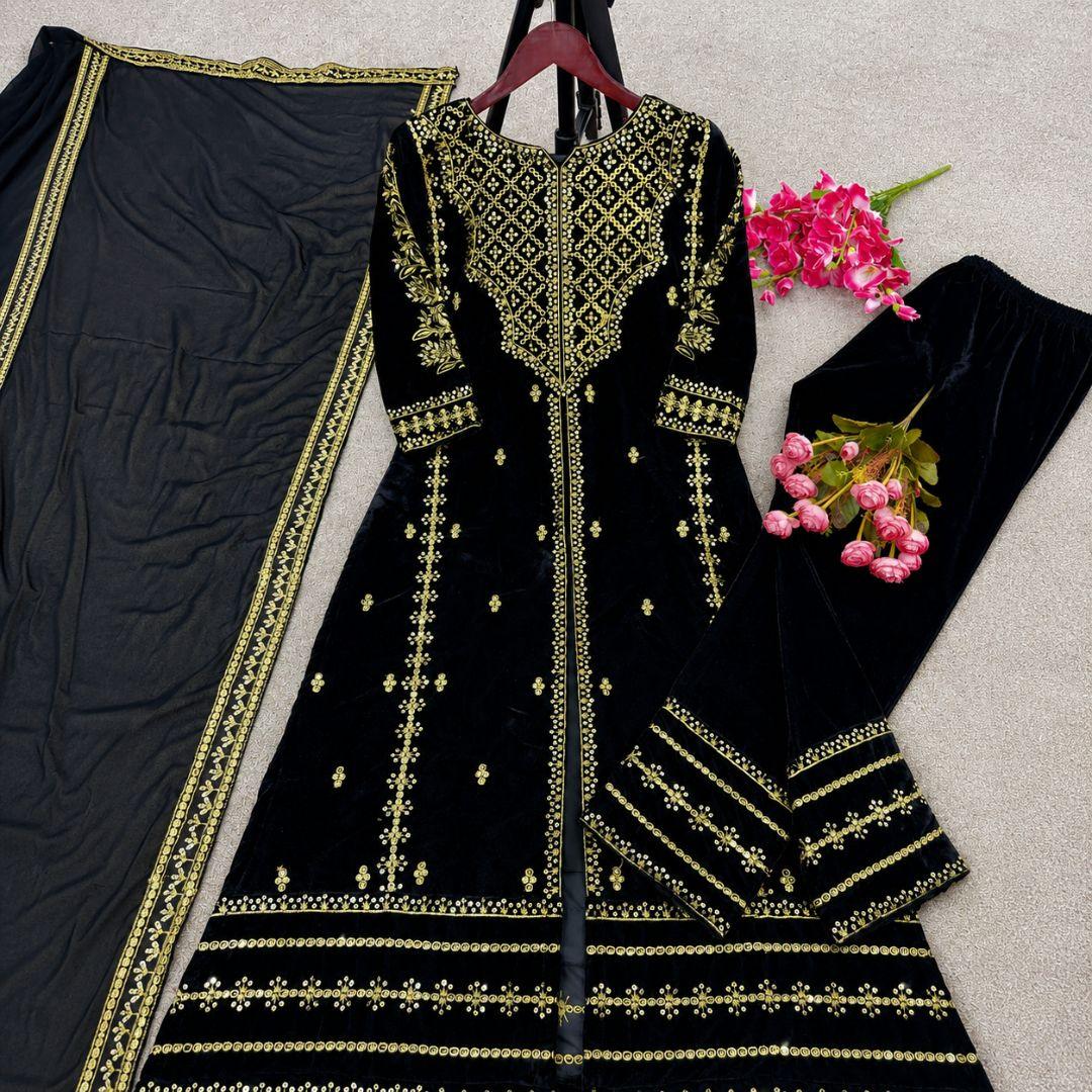 Premium Viscose Velvet Embroidered Kurta & Pant Set with Dupatta