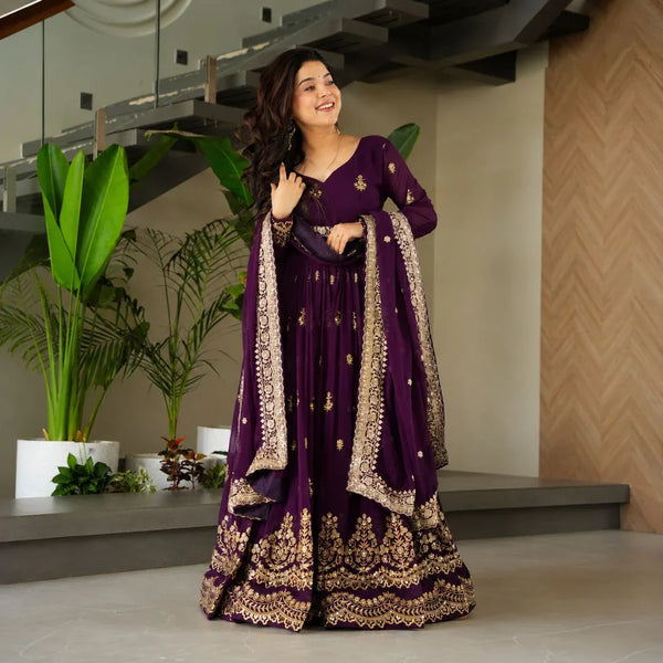 Premium Faux Blooming Silk Embroidered Gown with Sequined Dupatta Set