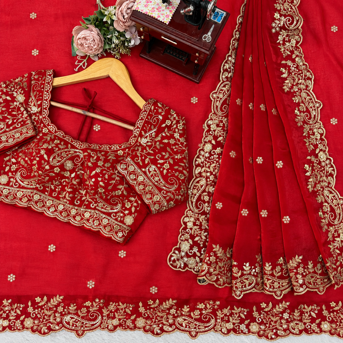 Heavy Fendy Silk Thread & Sequin Embroidered Saree Set