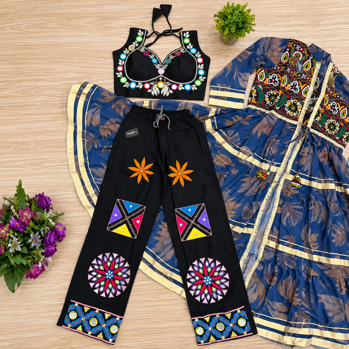Indo-Western Navratri Ruffle Shrug, Mirror Blouse & Embroidered Denim Jeans 3-Piece Set