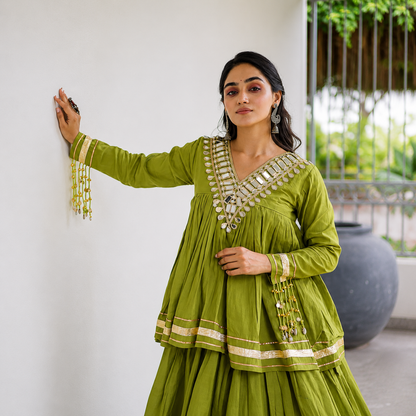 Navratri Special Kora Cotton Lehenga Choli with Zari & Real Mirror Work