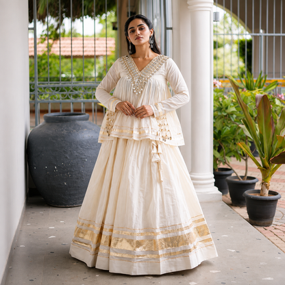 Navratri Special Kora Cotton Lehenga Choli with Zari & Real Mirror Work