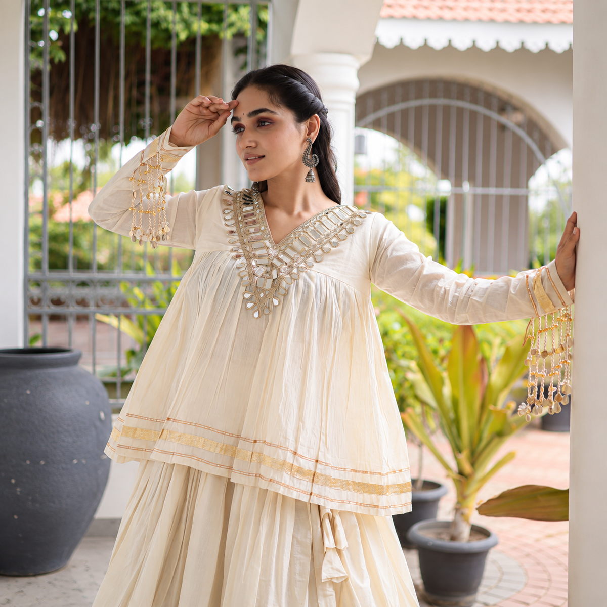 Navratri Special Kora Cotton Lehenga Choli with Zari & Real Mirror Work