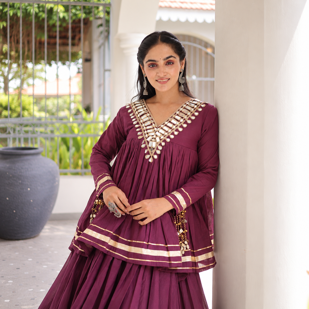 Navratri Special Kora Cotton Lehenga Choli with Zari & Real Mirror Work