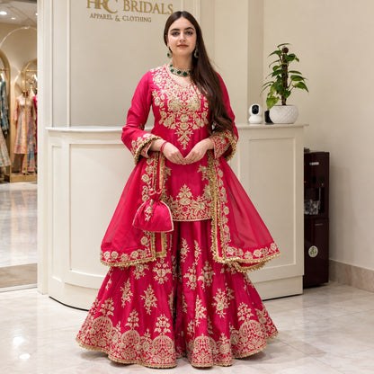 Chinon Silk Sequin & Thread Embroidered Kurti & Palazzo Set with Four-Side Lace Dupatta