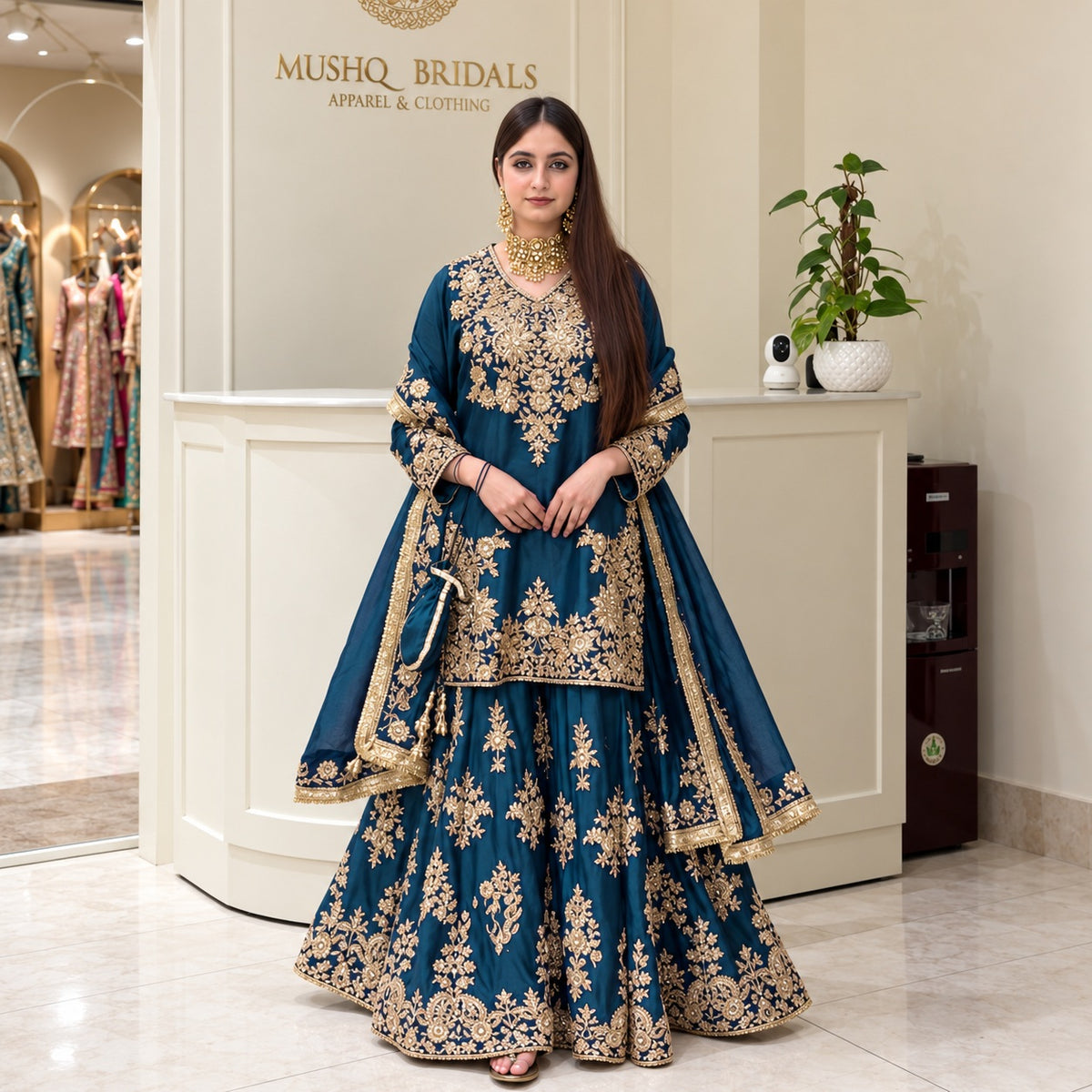 Chinon Silk Sequin & Thread Embroidered Kurti & Palazzo Set with Four-Side Lace Dupatta