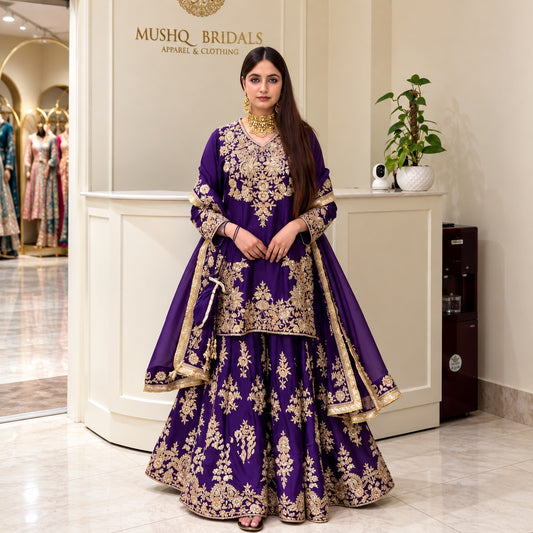 Chinon Silk Sequin & Thread Embroidered Kurti & Palazzo Set with Four-Side Lace Dupatta