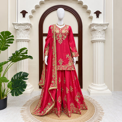 Chinon Silk Sequin & Thread Embroidered Kurti & Palazzo Set with Four-Side Lace Dupatta