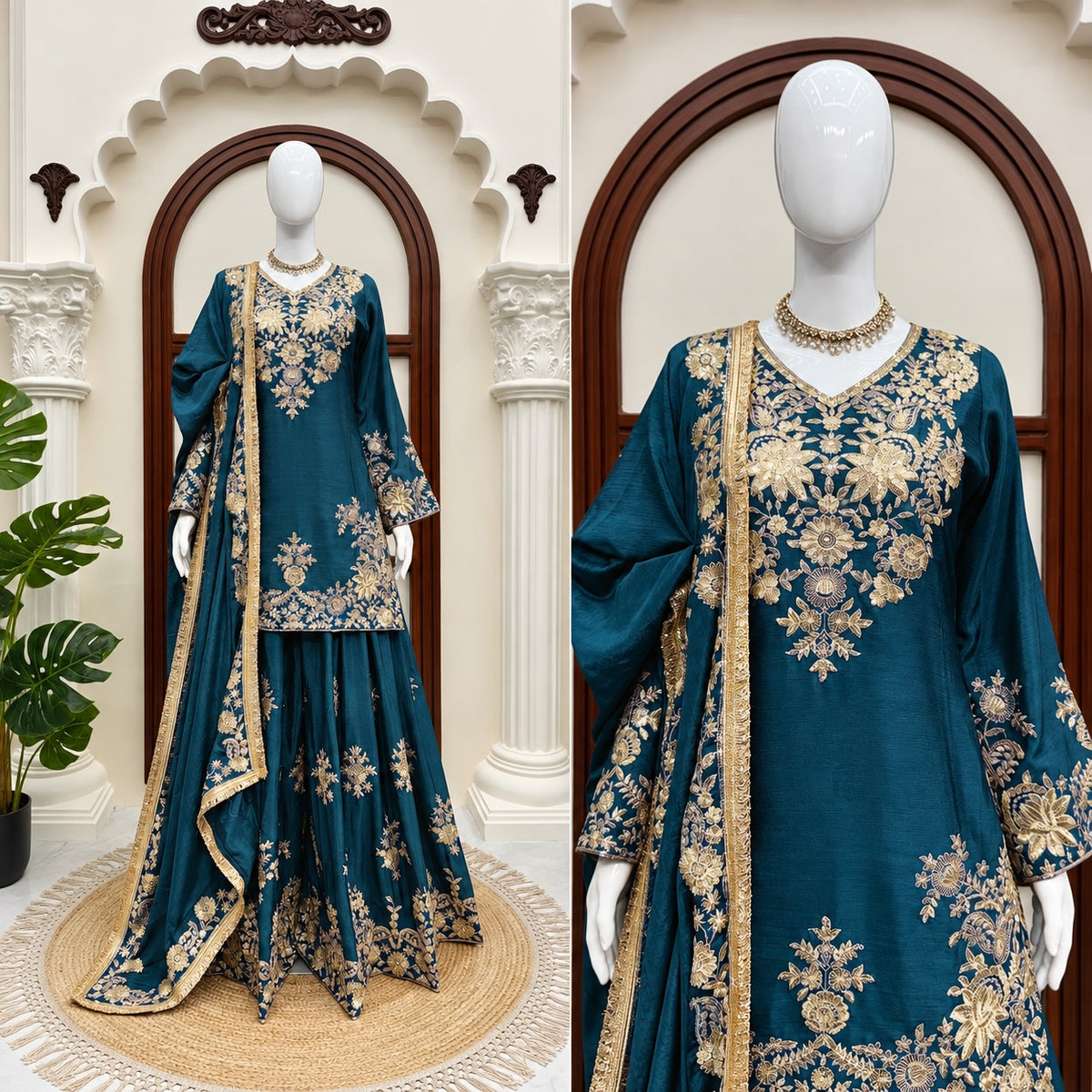 Chinon Silk Sequin & Thread Embroidered Kurti & Palazzo Set with Four-Side Lace Dupatta