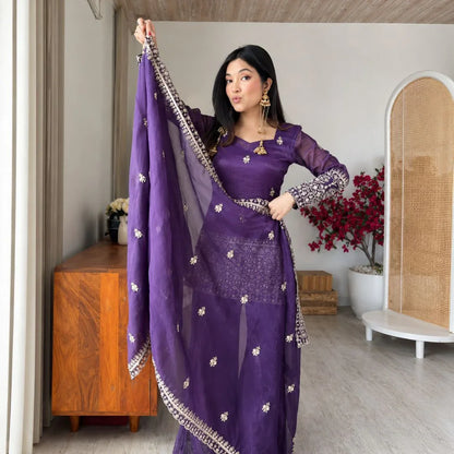 Premium Crunchy Silk Embroidered Kurta & Bell-Bottom Pant Set