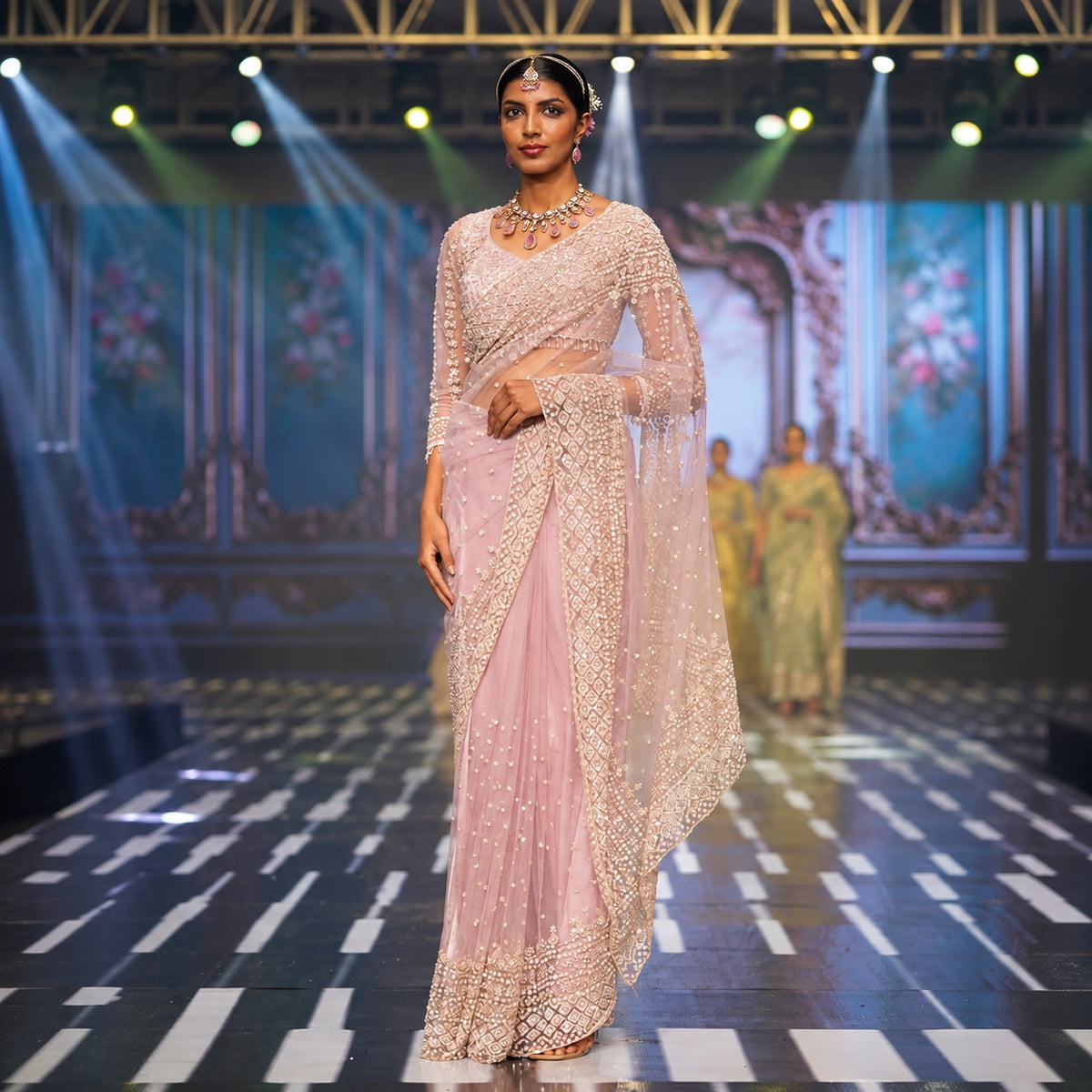 Pink Soft Net Sequins Embroidered C Pallu Saree with Tasseled Designer Blouse