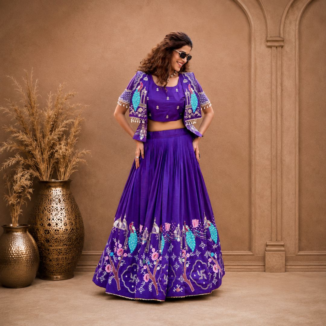 Royal Vichitra Silk Embroidered Lehenga Choli with Festive Koti