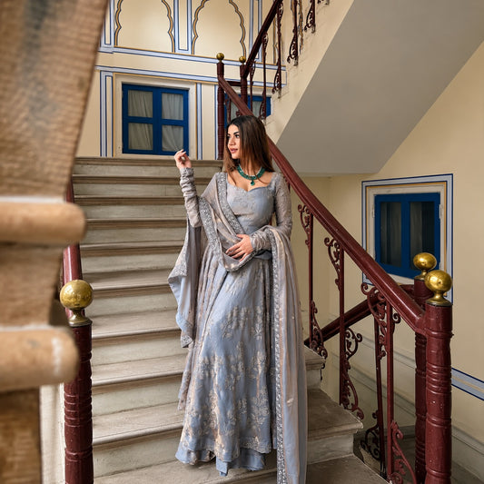 Heavy Fancy Silk Hand & Embroidered Anarkali Suit Set with Four-Side Embroidered Dupatta