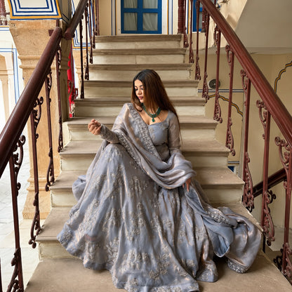 Heavy Fancy Silk Hand & Embroidered Anarkali Suit Set with Four-Side Embroidered Dupatta