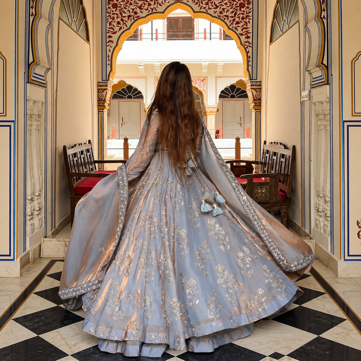 Heavy Fancy Silk Hand & Embroidered Anarkali Suit Set with Four-Side Embroidered Dupatta