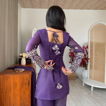 Premium Crunchy Silk Embroidered Kurta & Bell-Bottom Pant Set