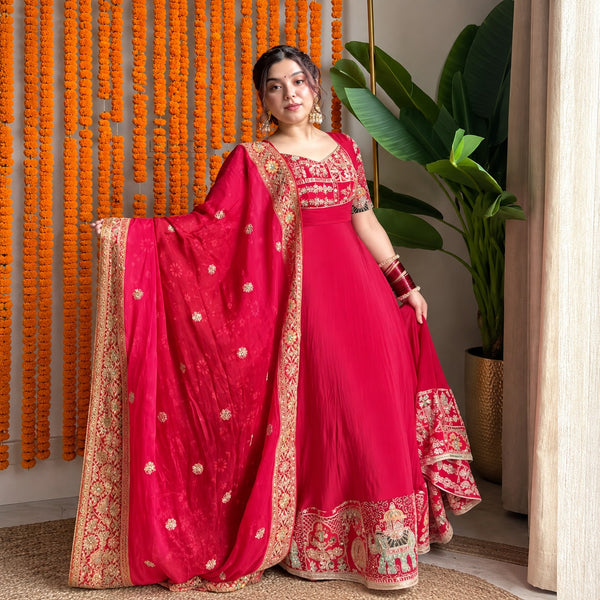 Heavy Natural Crepe Silk 5mm Sequin & Embroidered Anarkali Suit Set with Crepe Silk Dupatta