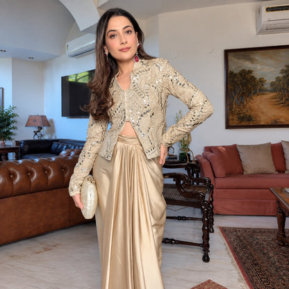 Malai Satin Zari Blend Mirror & Sequin Embroidered Indo-Western Jacket Co-ord Set