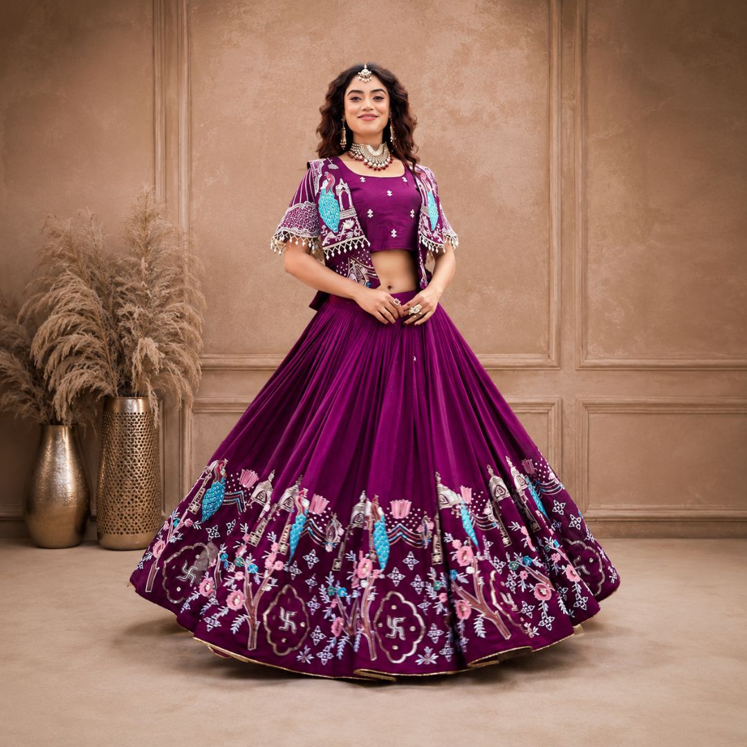 Royal Vichitra Silk Embroidered Lehenga Choli with Festive Koti