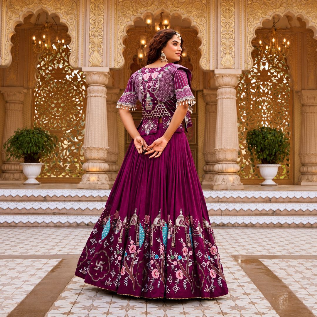 Royal Vichitra Silk Embroidered Lehenga Choli with Festive Koti