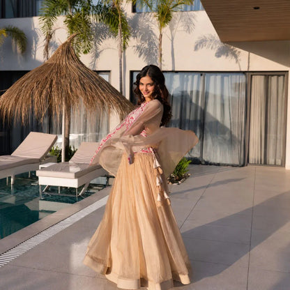 Premium Sindur Silk Beaded Lehenga Choli with Indo-Western Shrug Set