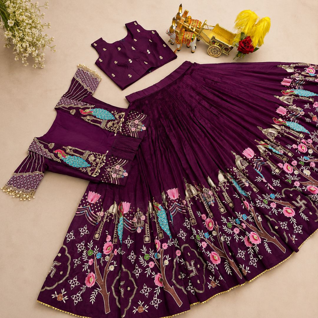 Royal Vichitra Silk Embroidered Lehenga Choli with Festive Koti