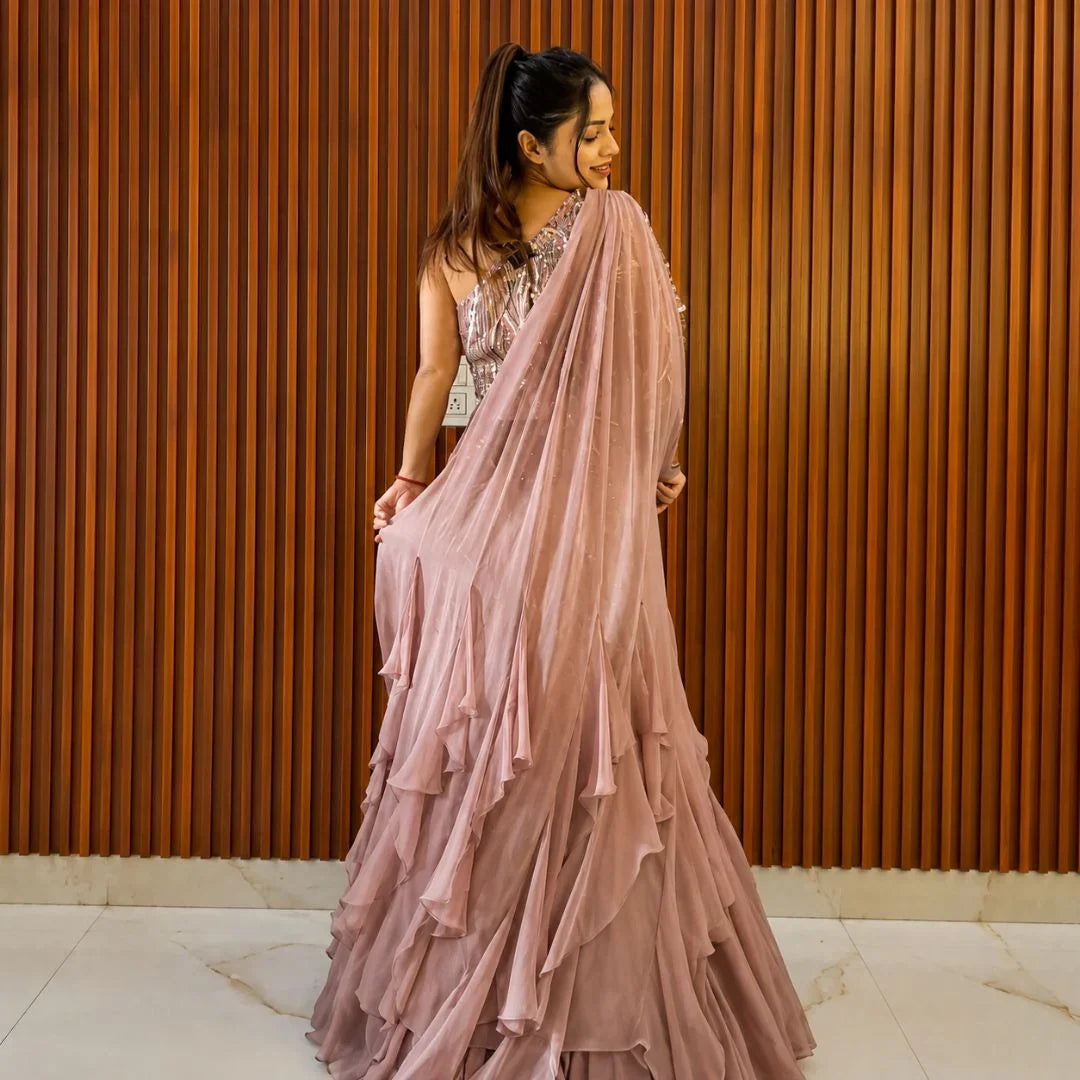 Premium Net Embroidered Indo-Western Skirt Set with Attached Ruffled Dupatta