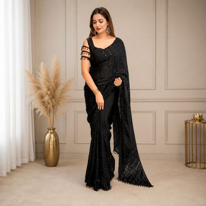"Dream Girl" Bold Black Satin Beads & Sequins Saree