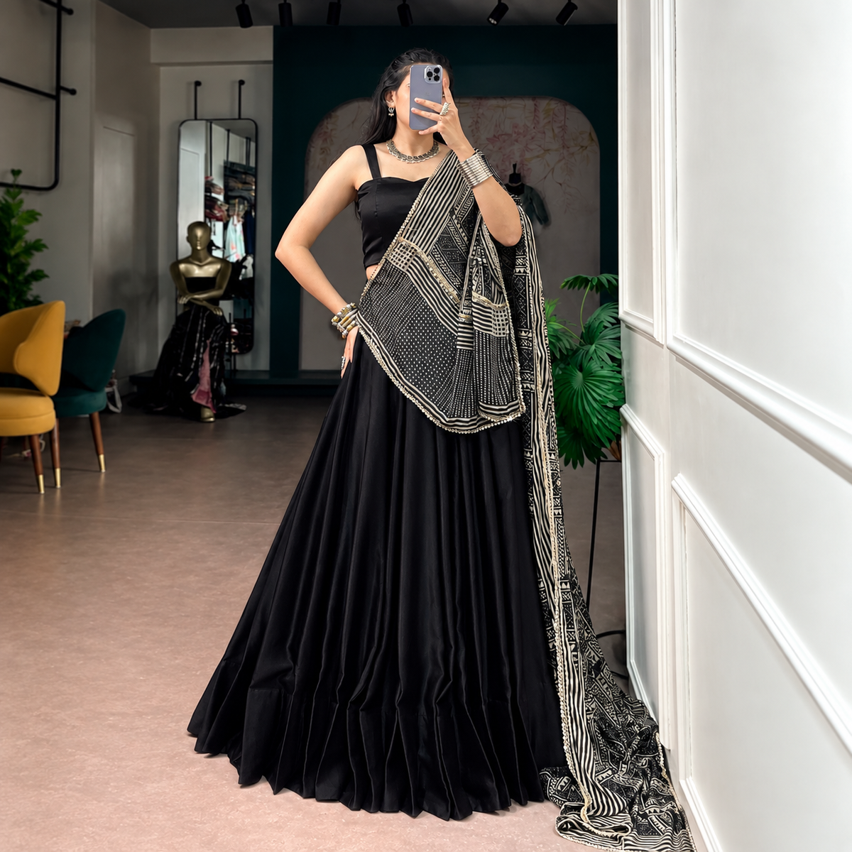 Moonga Silk Navratri Lehenga Choli with Printed Satin Dupatta