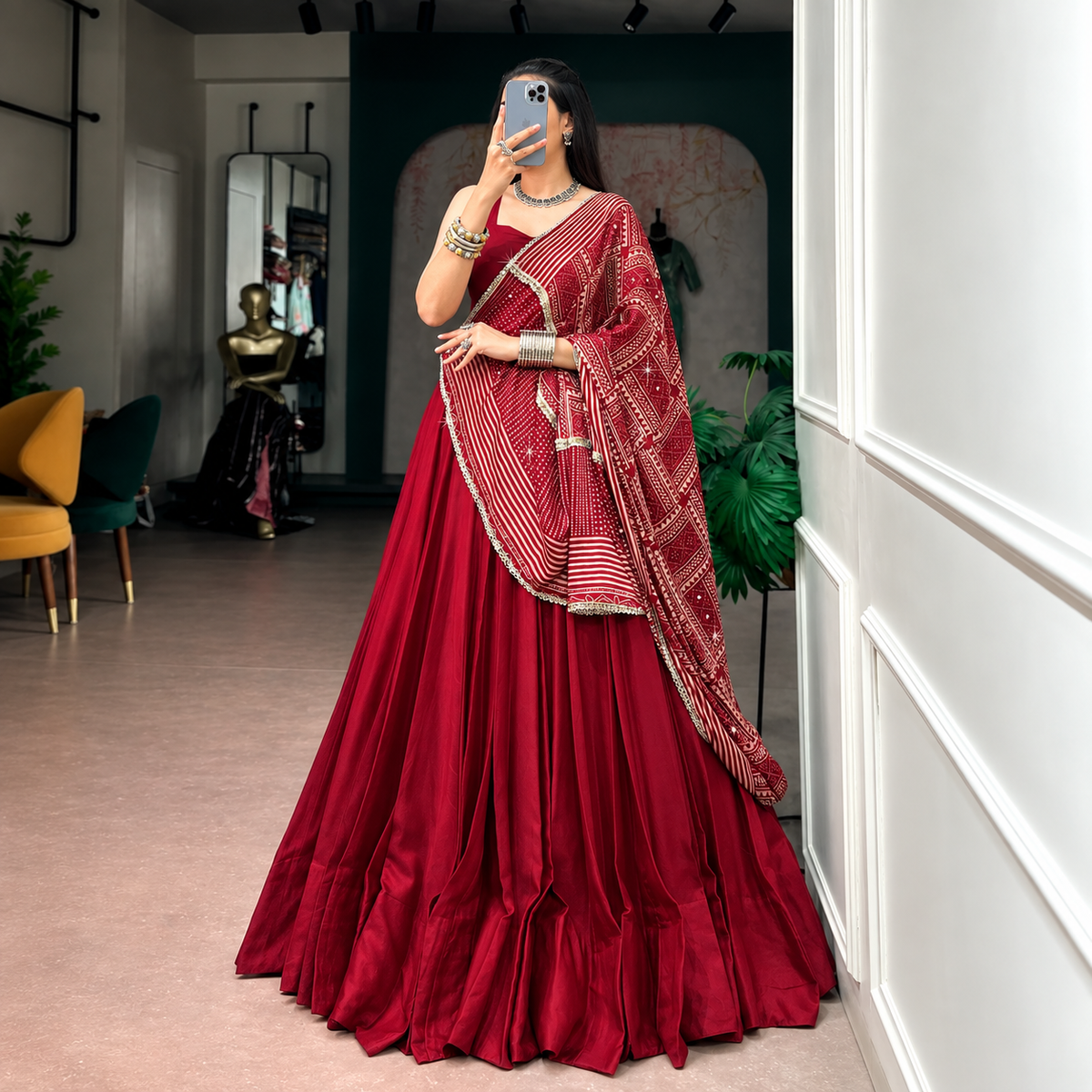 Moonga Silk Navratri Lehenga Choli with Printed Satin Dupatta