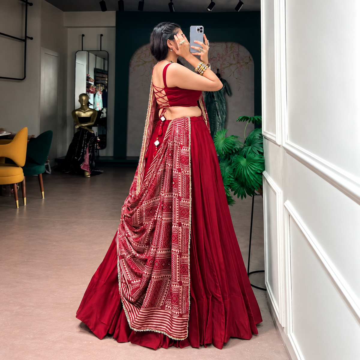 Moonga Silk Navratri Lehenga Choli with Printed Satin Dupatta