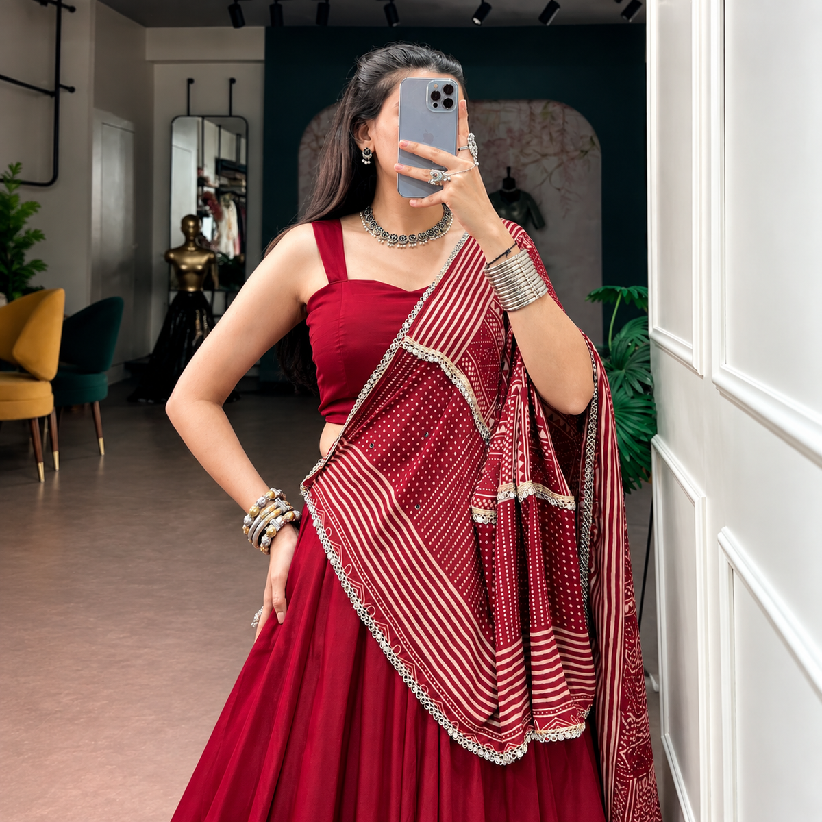 Moonga Silk Navratri Lehenga Choli with Printed Satin Dupatta