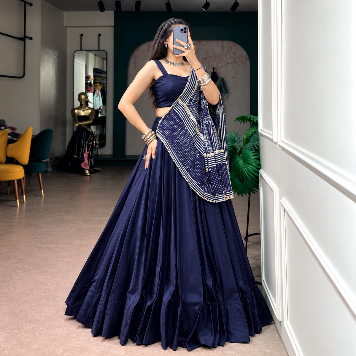 Moonga Silk Navratri Lehenga Choli with Printed Satin Dupatta