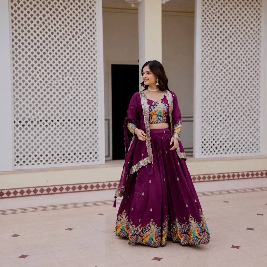 Royal Vichitra Silk Peacock Embroidered Lehenga Choli Set
