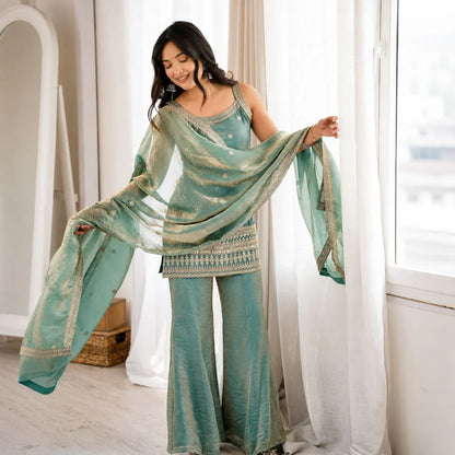 Premium Trendy Silk Embroidered Kurta & Bell-Bottom Pant Set