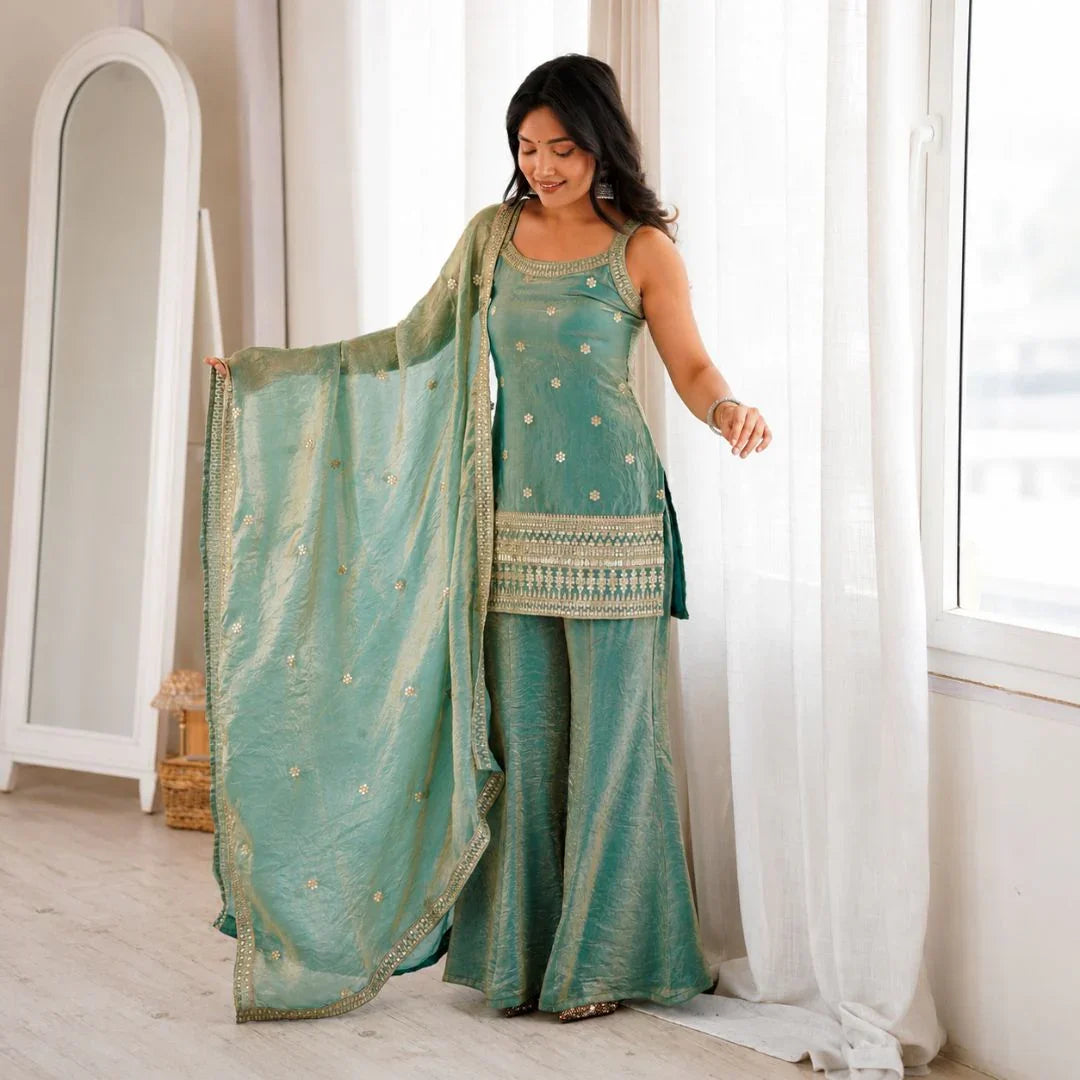 Premium Trendy Silk Embroidered Kurta & Bell-Bottom Pant Set