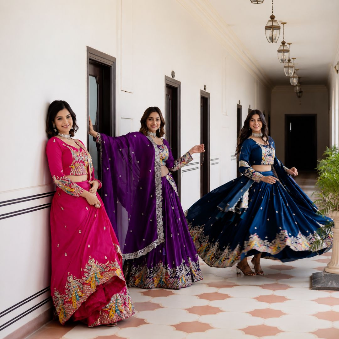Royal Vichitra Silk Peacock Embroidered Lehenga Choli Set