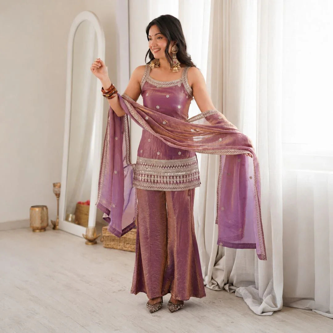 Premium Trendy Silk Embroidered Kurta & Bell-Bottom Pant Set