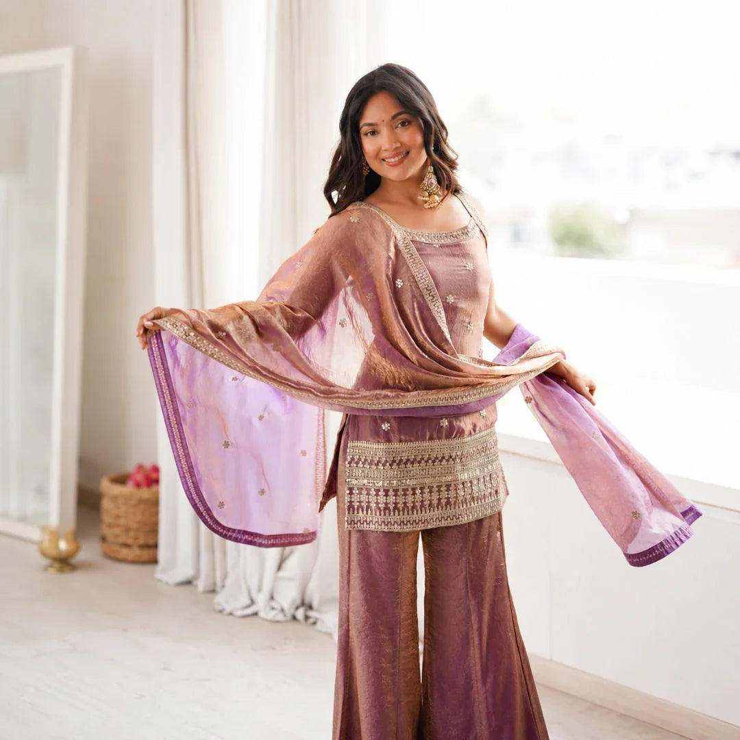 Premium Trendy Silk Embroidered Kurta & Bell-Bottom Pant Set
