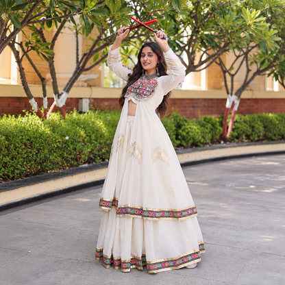 Navratri Special Kora Cotton Lehenga & Long Shrug Co-ord Set