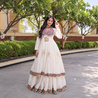 Navratri Special Kora Cotton Lehenga & Long Shrug Co-ord Set
