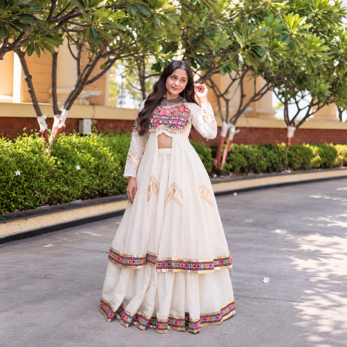 Navratri Special Kora Cotton Lehenga & Long Shrug Co-ord Set