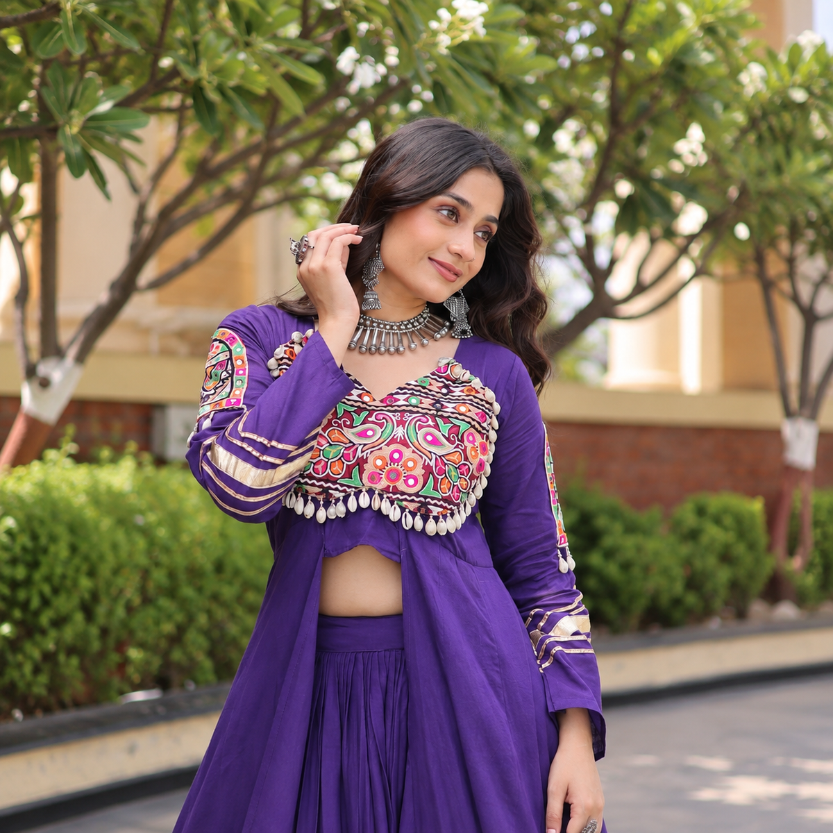 Navratri Special Kora Cotton Lehenga & Long Shrug Co-ord Set