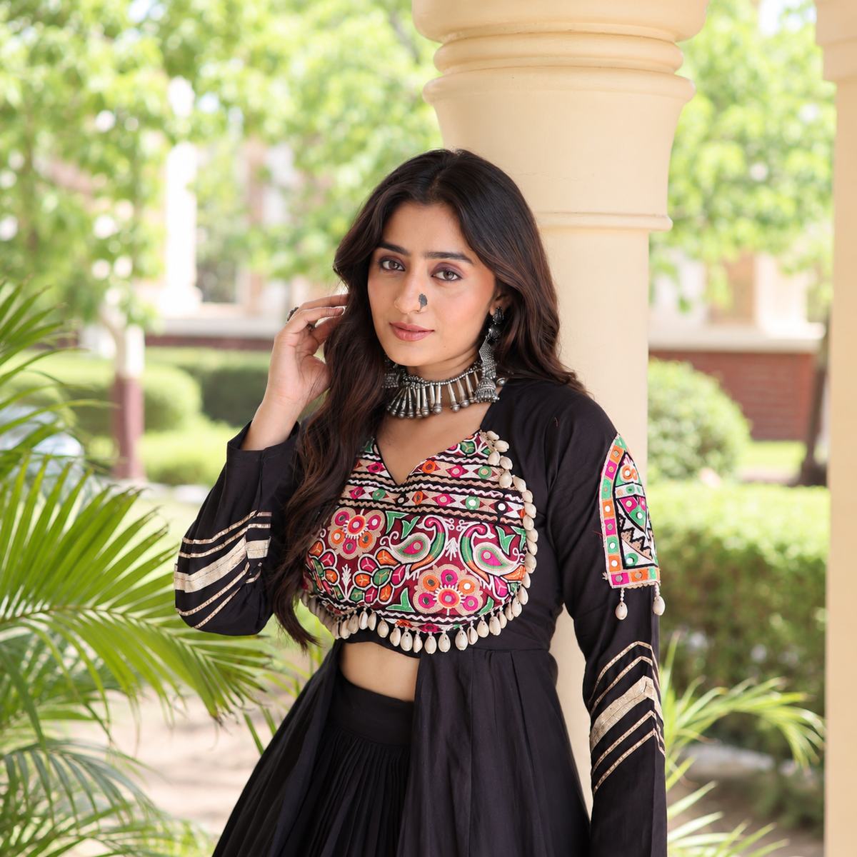 Navratri Special Kora Cotton Lehenga & Long Shrug Co-ord Set