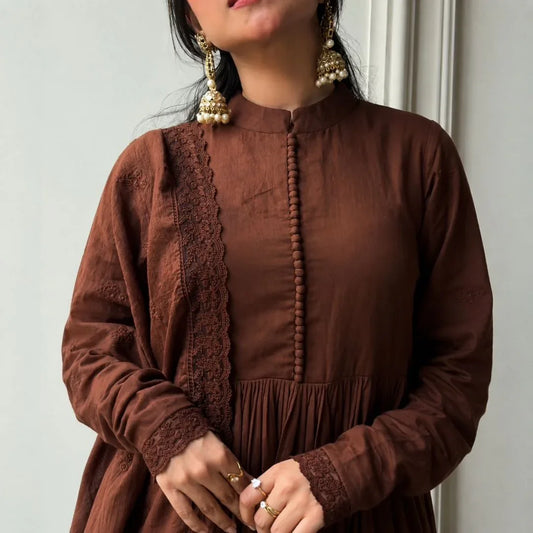 Premium Roman Silk Embroidered Gown with Cut-Work Dupatta Set
