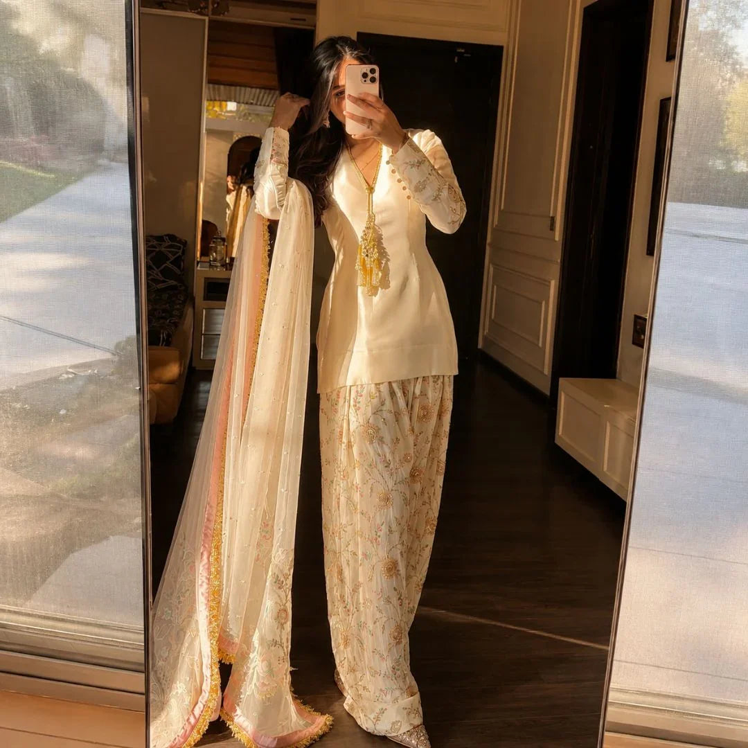 Premium Glass Satin Peplum Top & Embroidered Farshi Palazzo Set