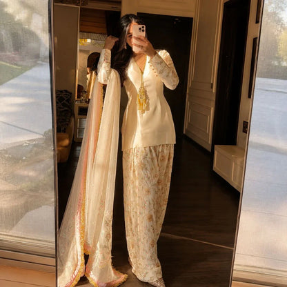 Premium Glass Satin Peplum Top & Embroidered Farshi Palazzo Set